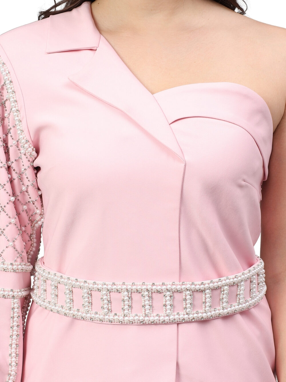 Powder Pink Off-Shoulder Blazer Set with Belt - Image 6