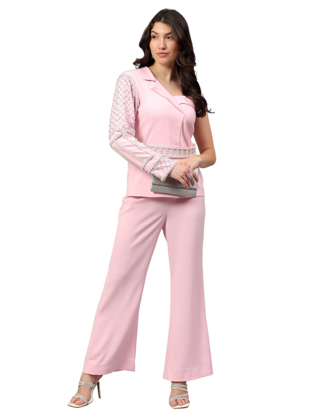 Powder Pink Off-Shoulder Blazer Set with Belt