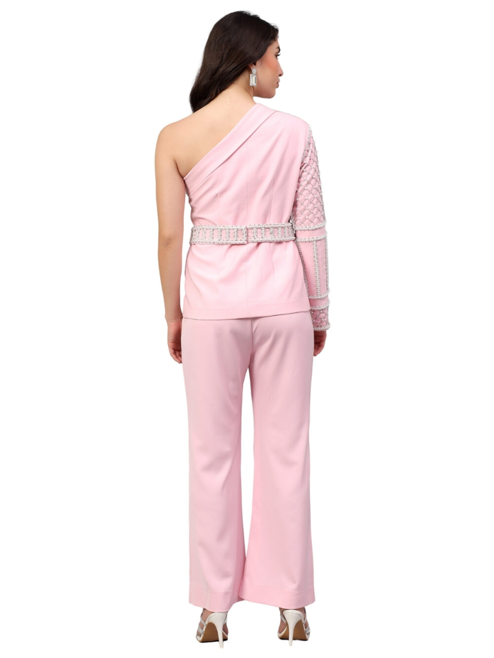 Powder Pink Off-Shoulder Blazer Set with Belt - Image 4
