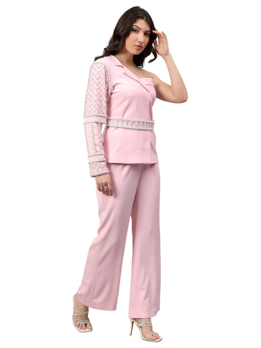 Powder Pink Off-Shoulder Blazer Set with Belt - Image 3