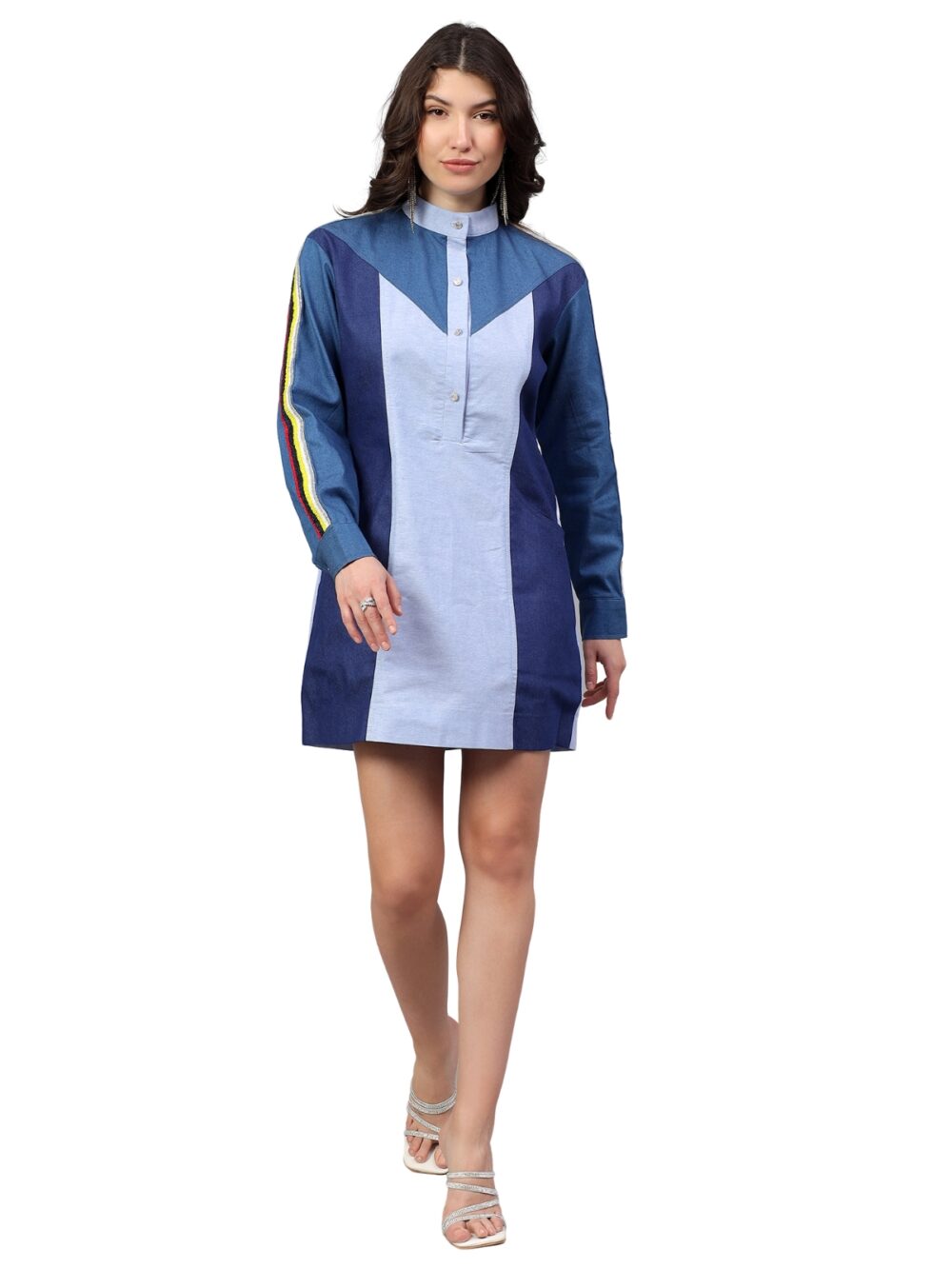 Denim Block Dress with Sequins Detailings - Image 3