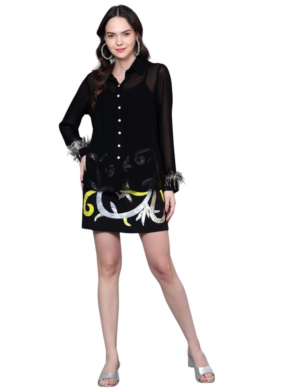 Black Shirt with Feathers & Hand Embroidered Skirt - Image 2