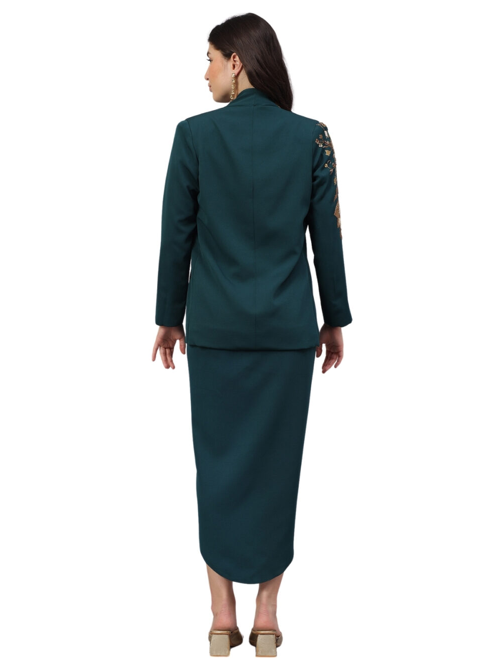 Emerald Blazer and Drape Skirt with Gold Embellishments - Image 5