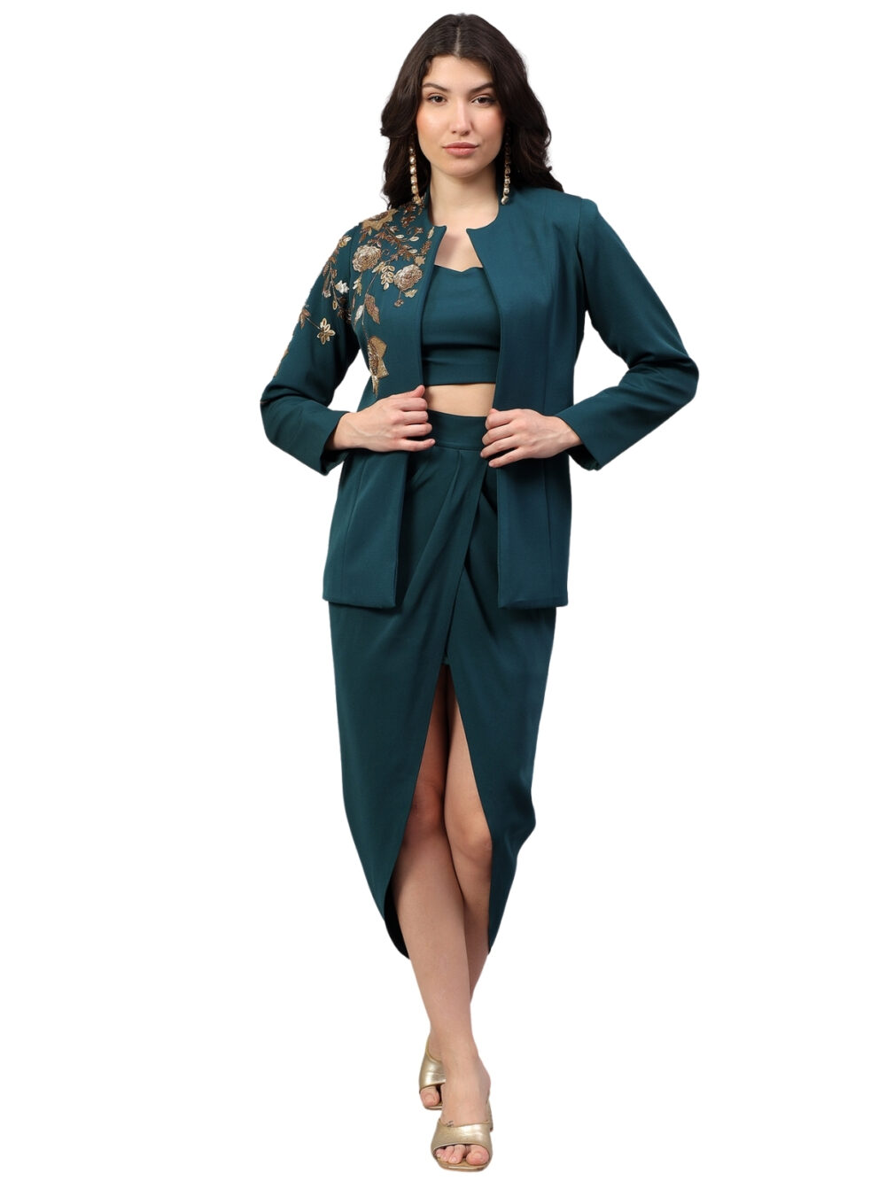 Emerald Blazer and Drape Skirt with Gold Embellishments