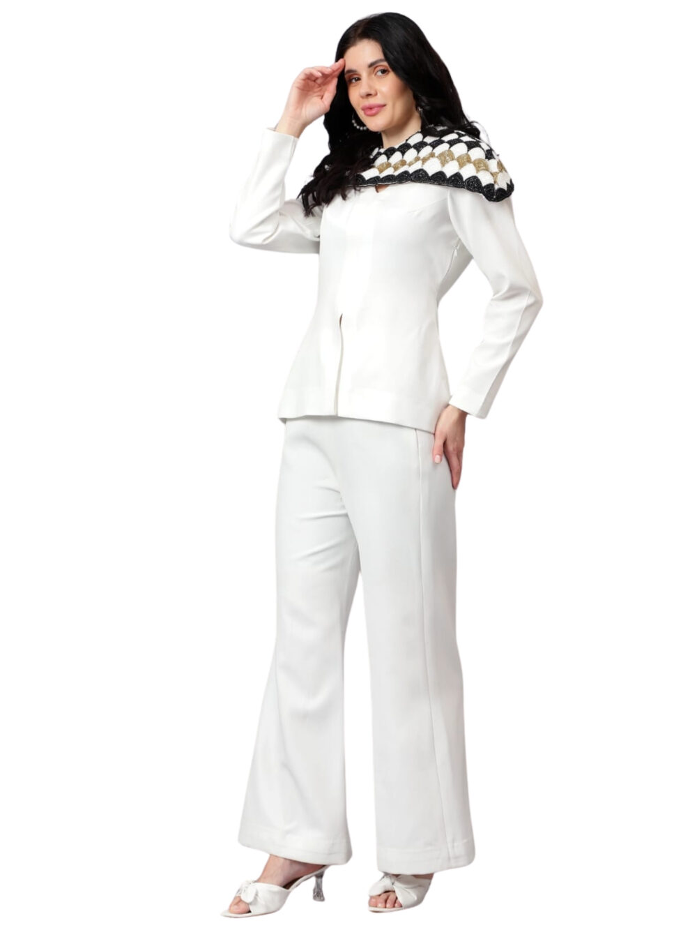 White co-ord Set with Hand Embroidered Heavy Work Shoulder Cape - Image 2