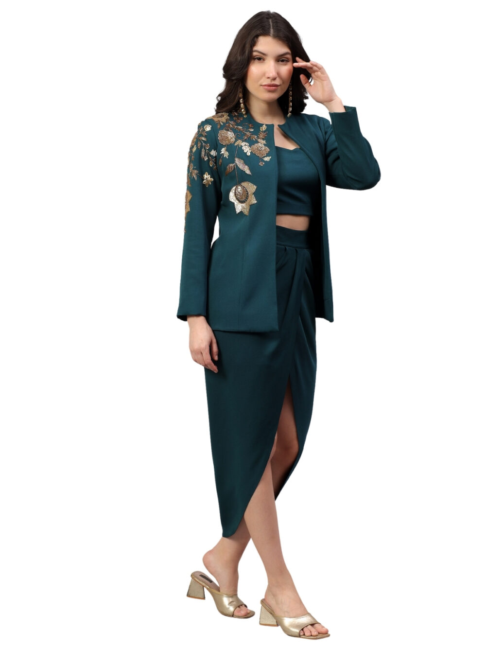 Emerald Blazer and Drape Skirt with Gold Embellishments - Image 4