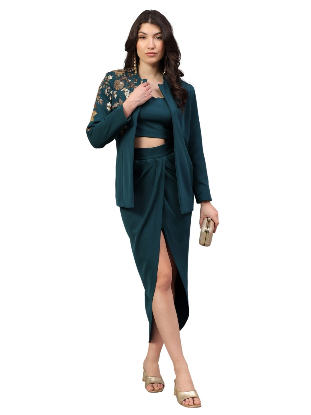 Emerald Blazer and Drape Skirt with Gold Embellishments - Image 2