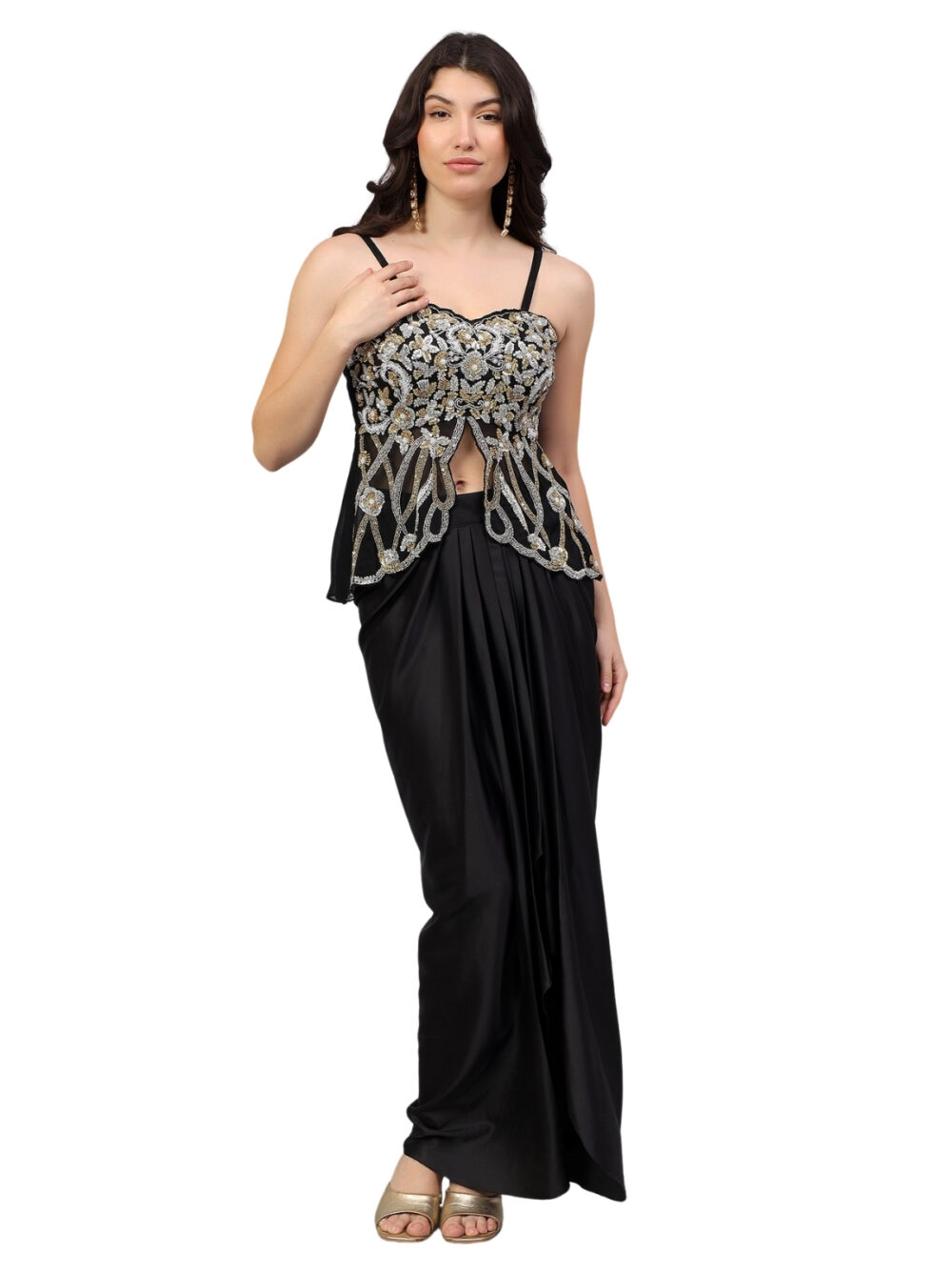 Black Drape with Embellished Blouse and Dupatta - Image 2