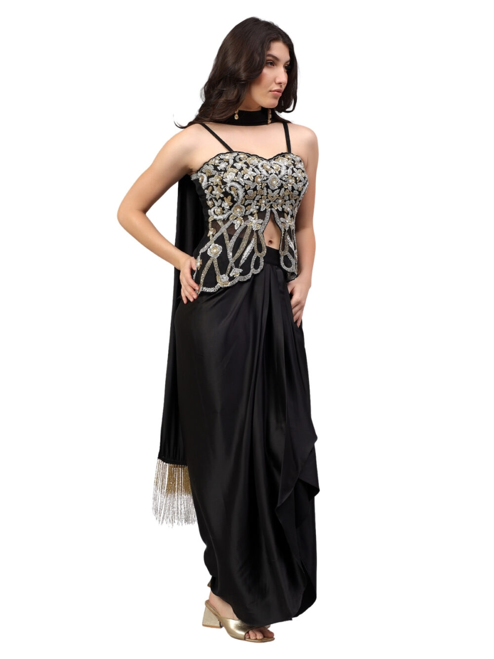 Black Drape with Embellished Blouse and Dupatta - Image 5