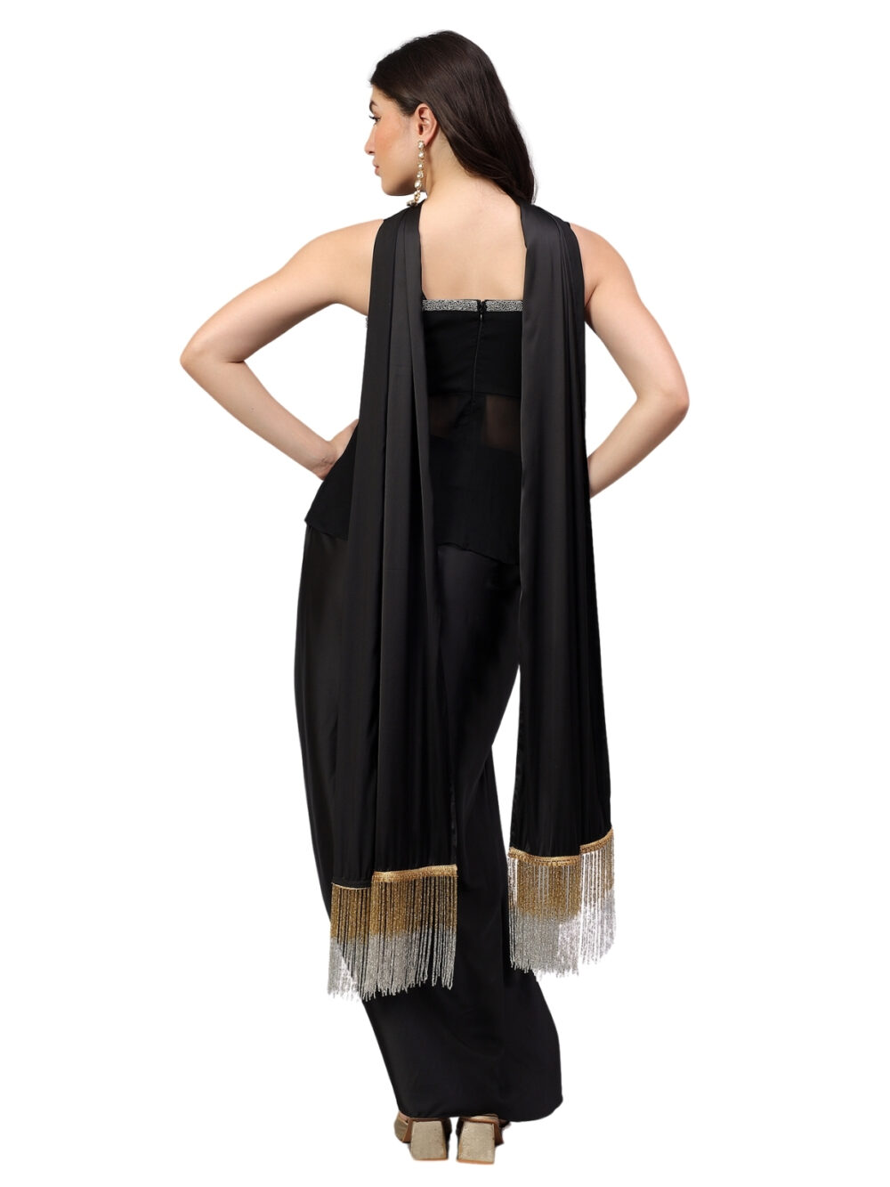 Black Drape with Embellished Blouse and Dupatta - Image 4