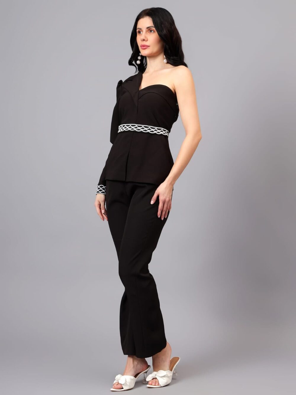 Black One Shoulder Coord Set with Detailed Pearl Workbelt and Sleeves - Image 7