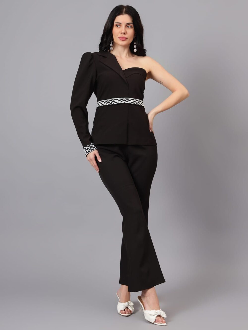 Black One Shoulder Coord Set with Detailed Pearl Workbelt and Sleeves