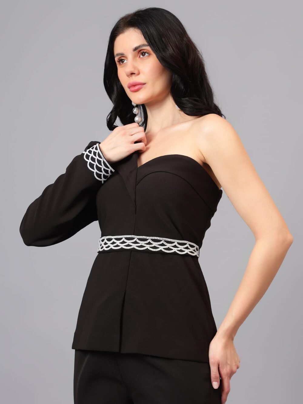 Black One Shoulder Coord Set with Detailed Pearl Workbelt and Sleeves - Image 5