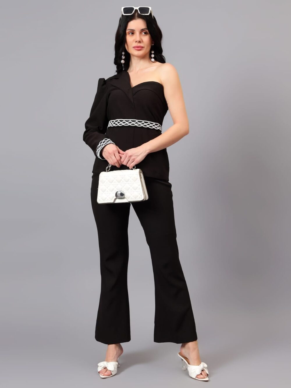 Black One Shoulder Coord Set with Detailed Pearl Workbelt and Sleeves - Image 3