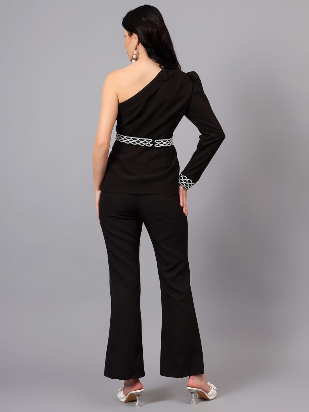 Black One Shoulder Coord Set with Detailed Pearl Workbelt and Sleeves - Image 2