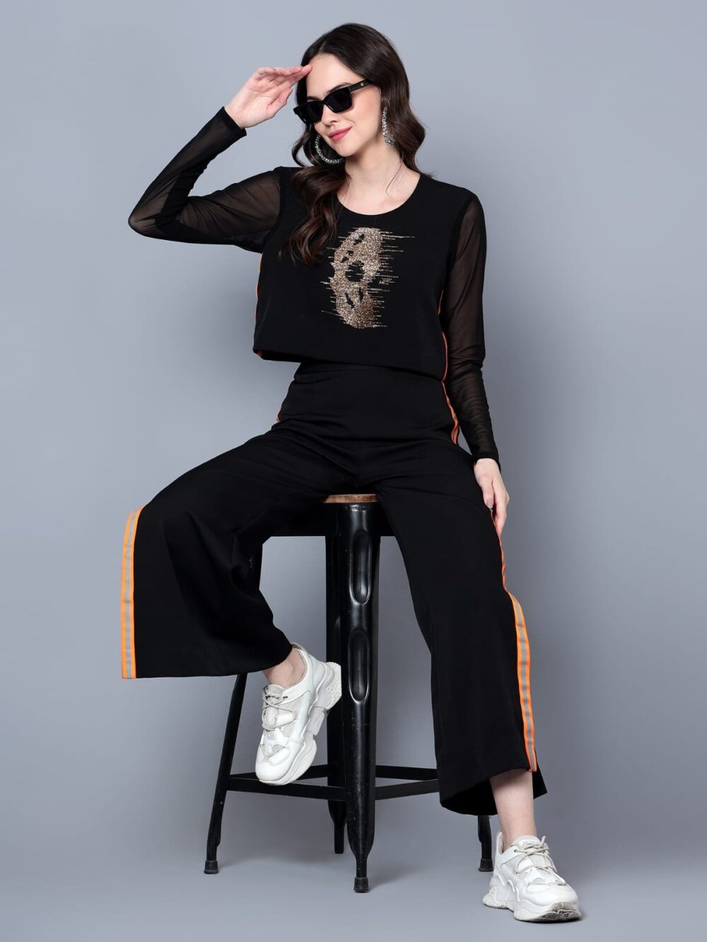 Black Crop Top and Track Pants with Skull Embroidery - Image 2