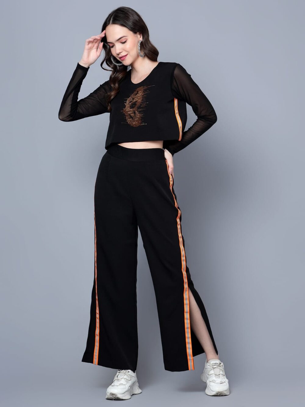 Black Crop Top and Track Pants with Skull Embroidery