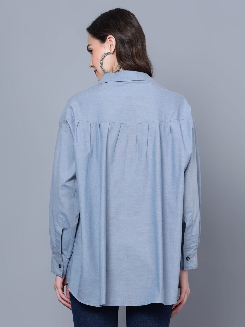 Cotton Denim Shirt with Flower Motif - Image 4
