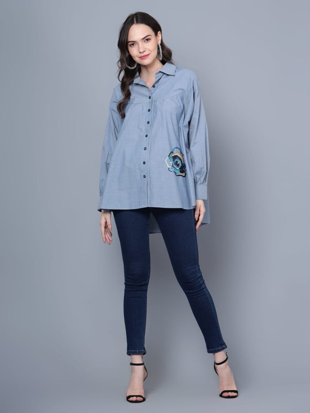 Cotton Denim Shirt with Flower Motif - Image 5