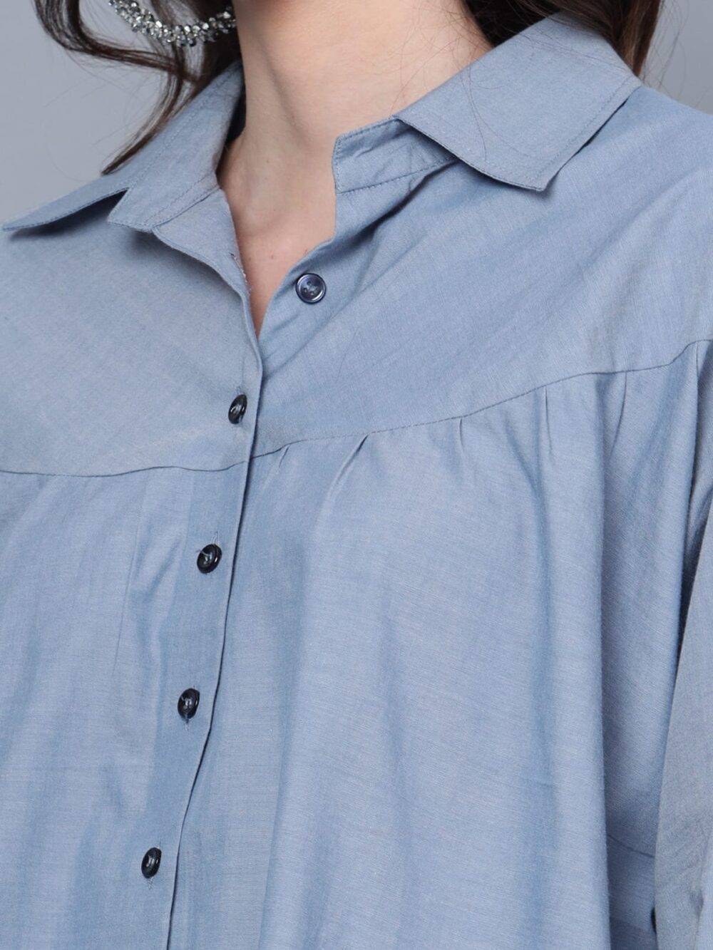 Cotton Denim Shirt with Flower Motif - Image 3