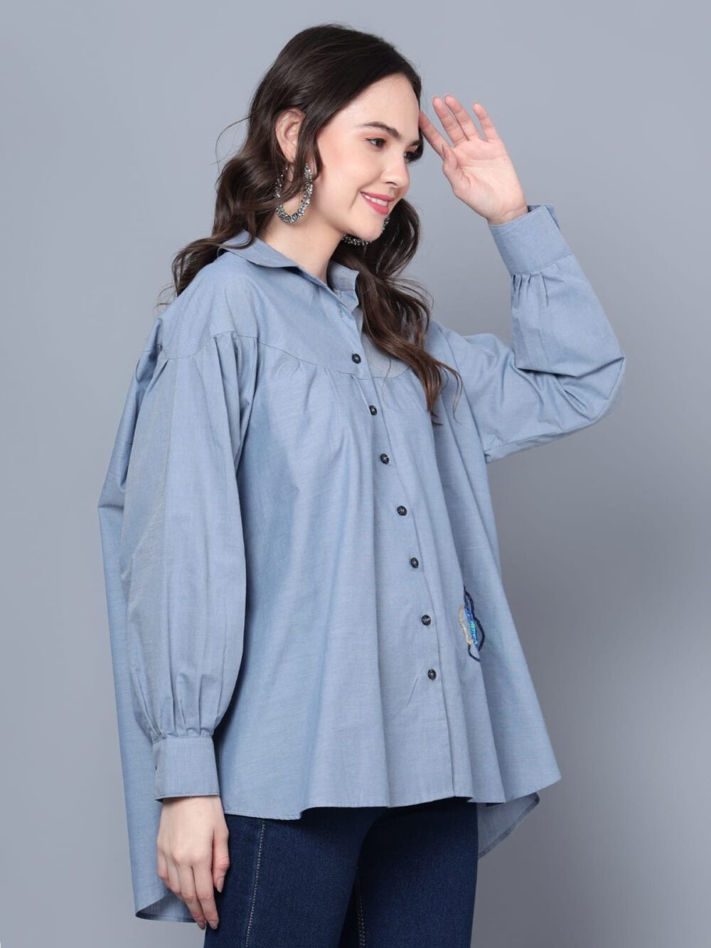Cotton Denim Shirt with Flower Motif - Image 2