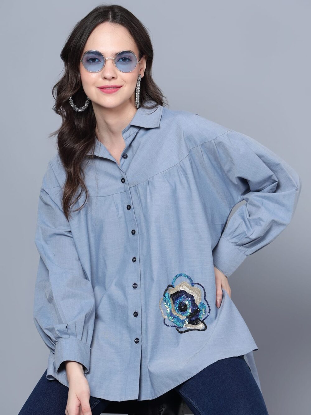 Cotton Denim Shirt with Flower Motif