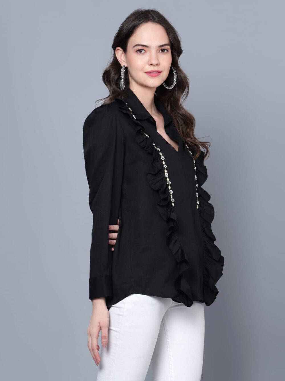 Black Shirt with Frill and Metallic Details - Image 5