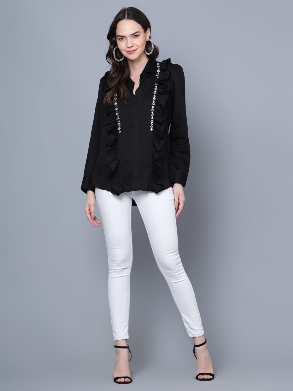 Black Shirt with Frill and Metallic Details