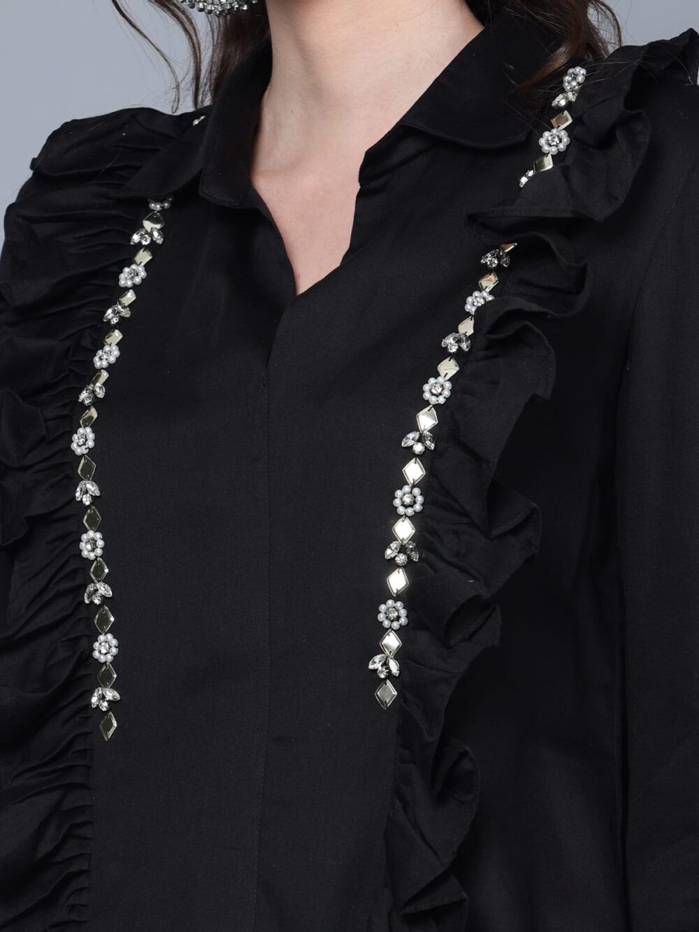 Black Shirt with Frill and Metallic Details - Image 3