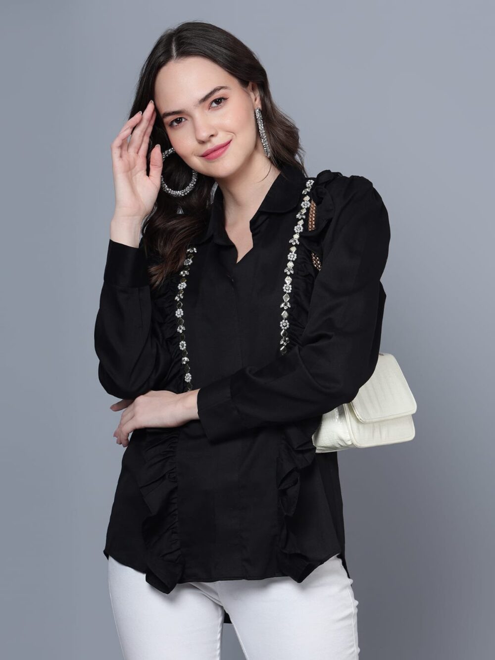 Black Shirt with Frill and Metallic Details - Image 2