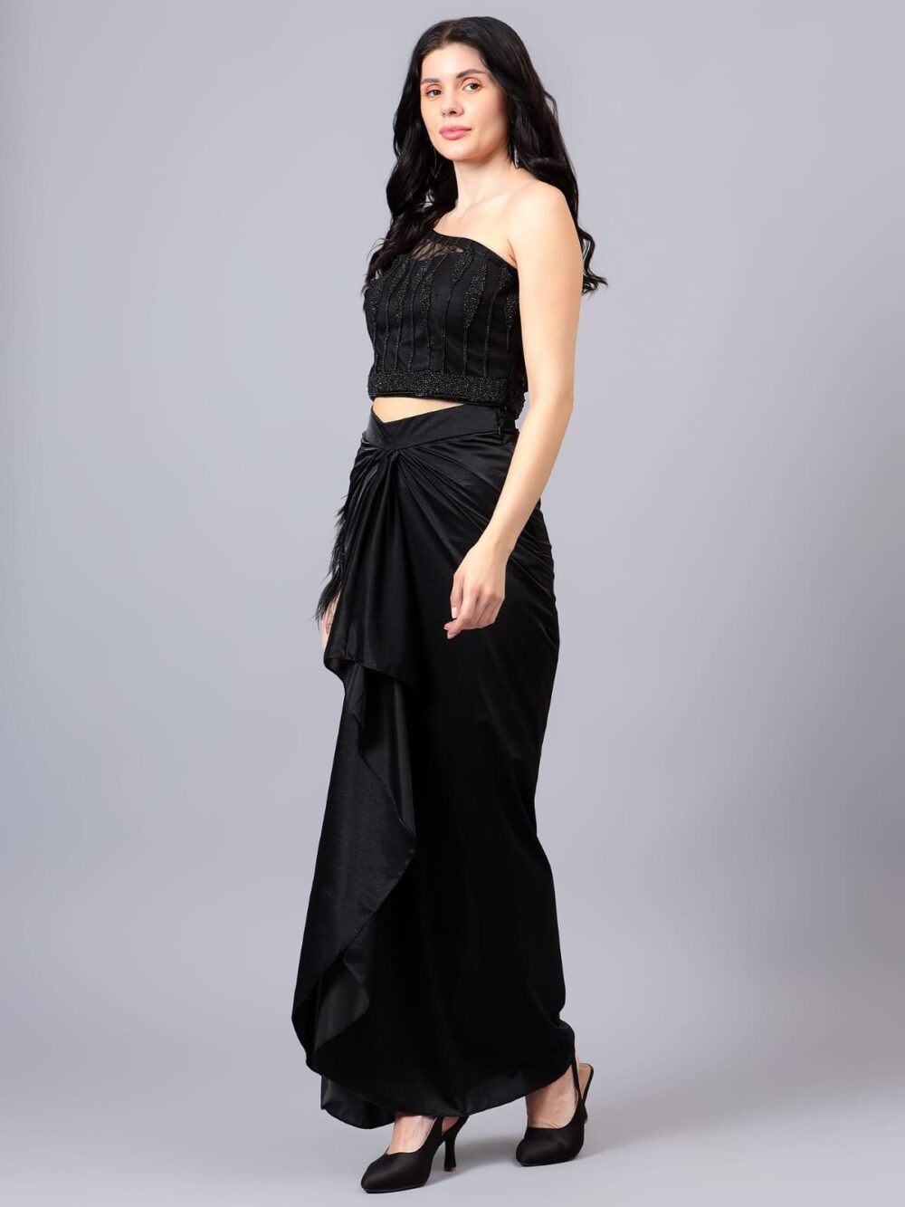 Black Embellished Blouse with Drape Skirt Indo Western - Image 5