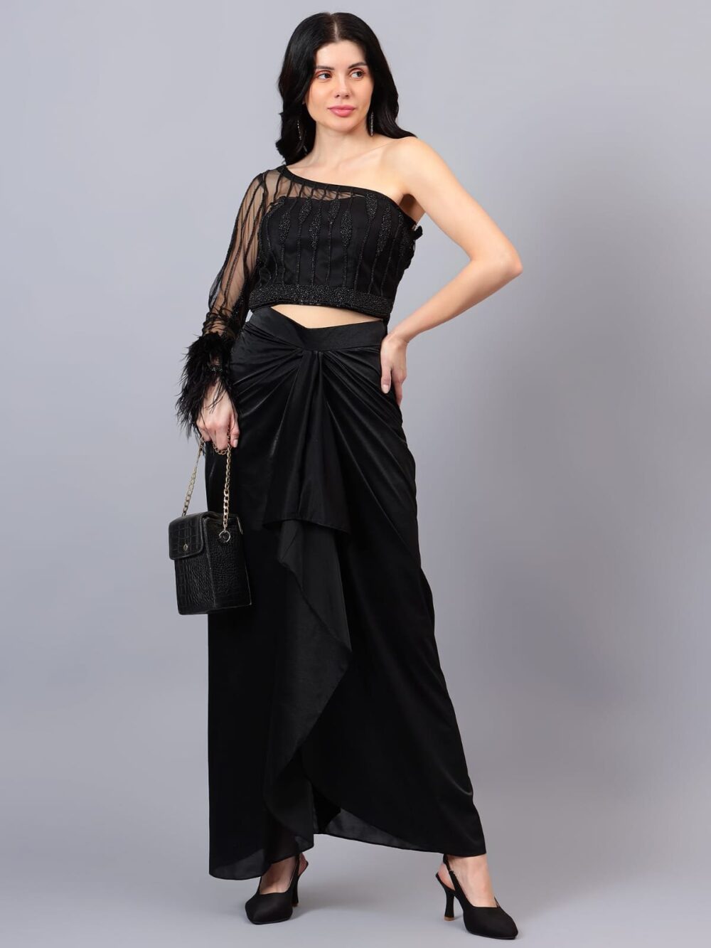 Black Embellished Blouse with Drape Skirt Indo Western