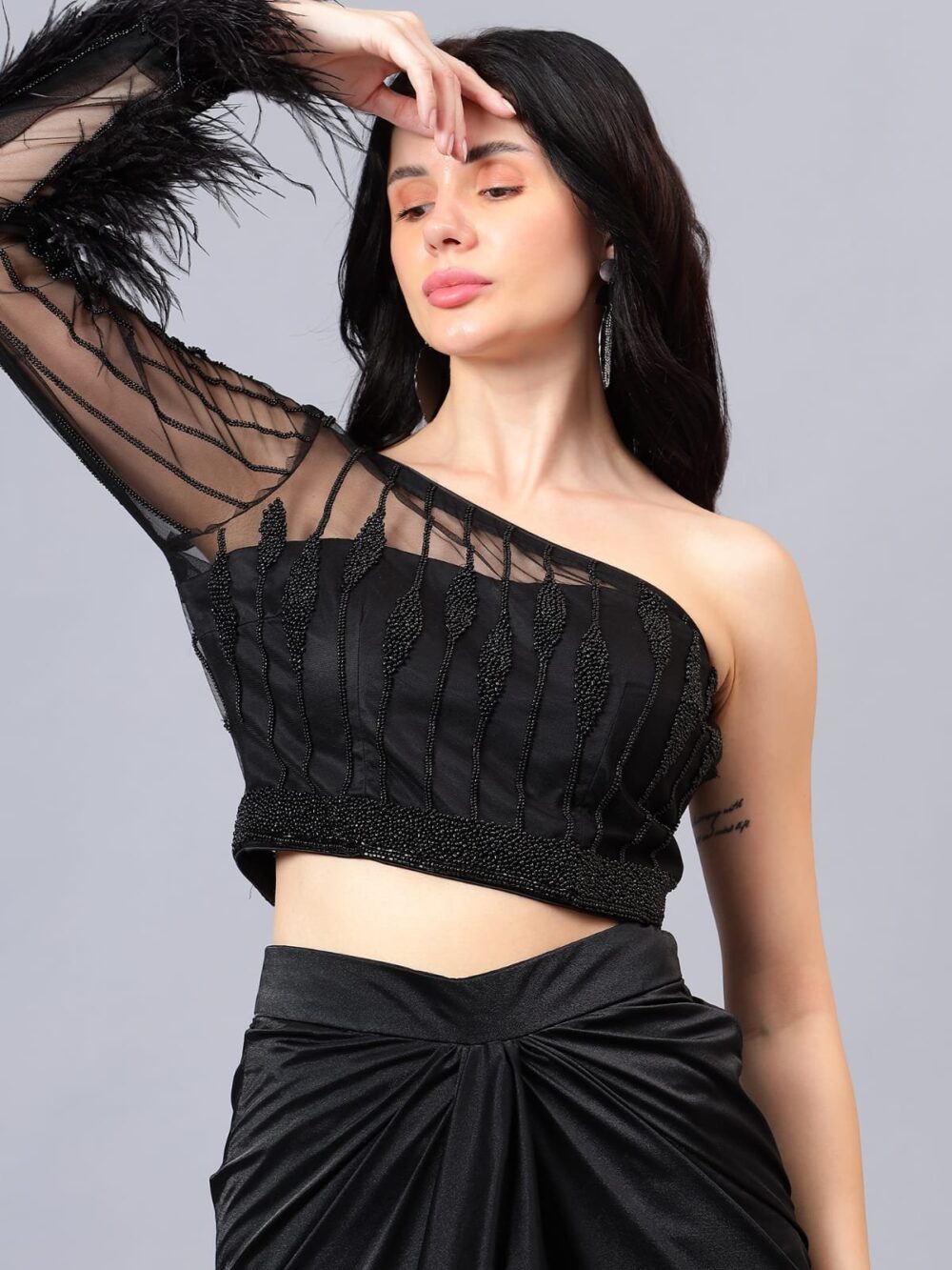 Black Embellished Blouse with Drape Skirt Indo Western - Image 3