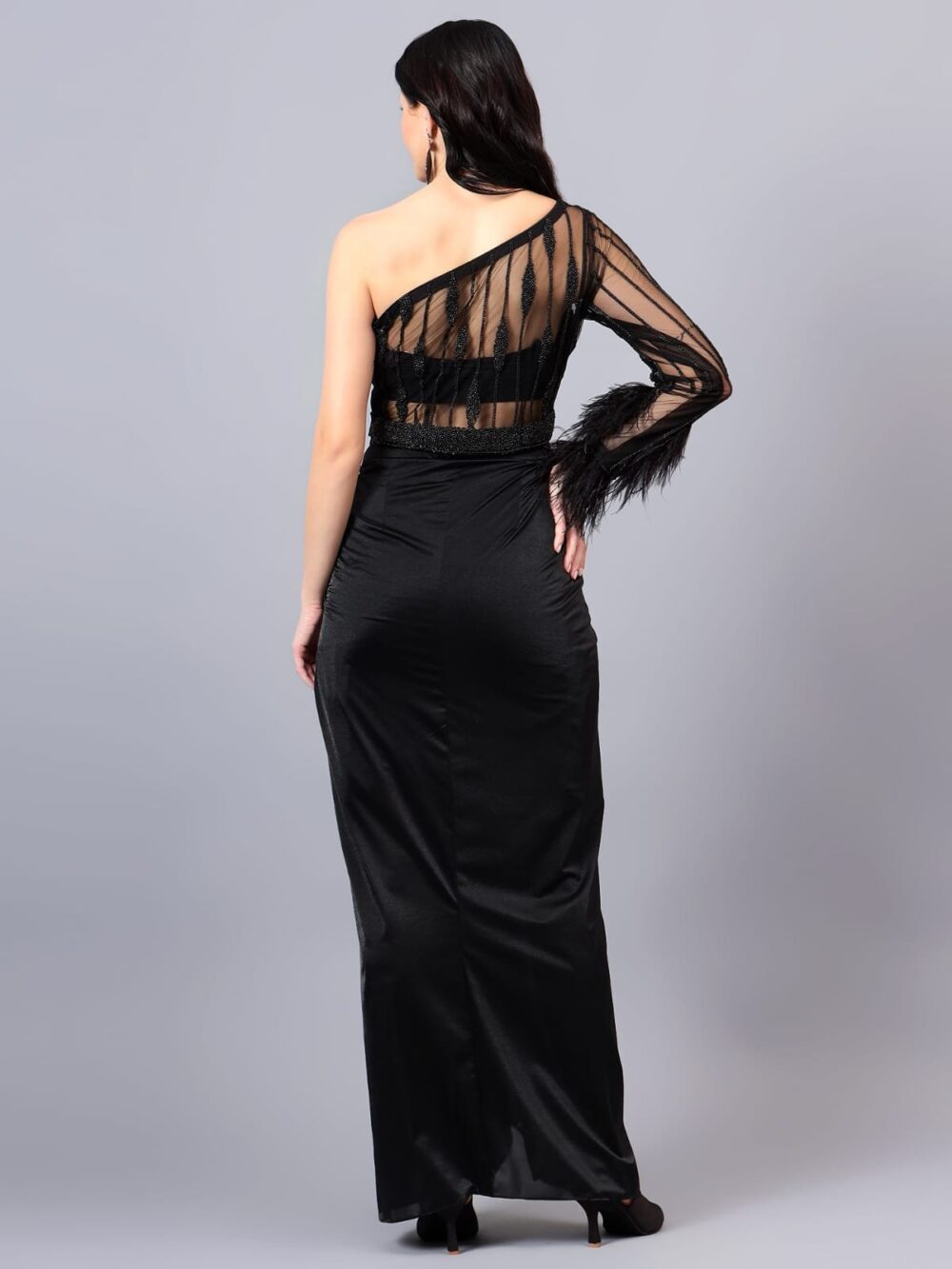 Black Embellished Blouse with Drape Skirt Indo Western - Image 2