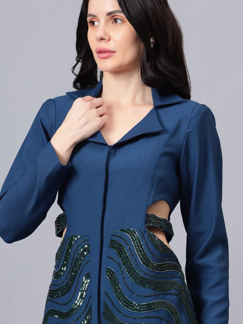 Teal Hand Embellished Waist Cut Dress - Image 4