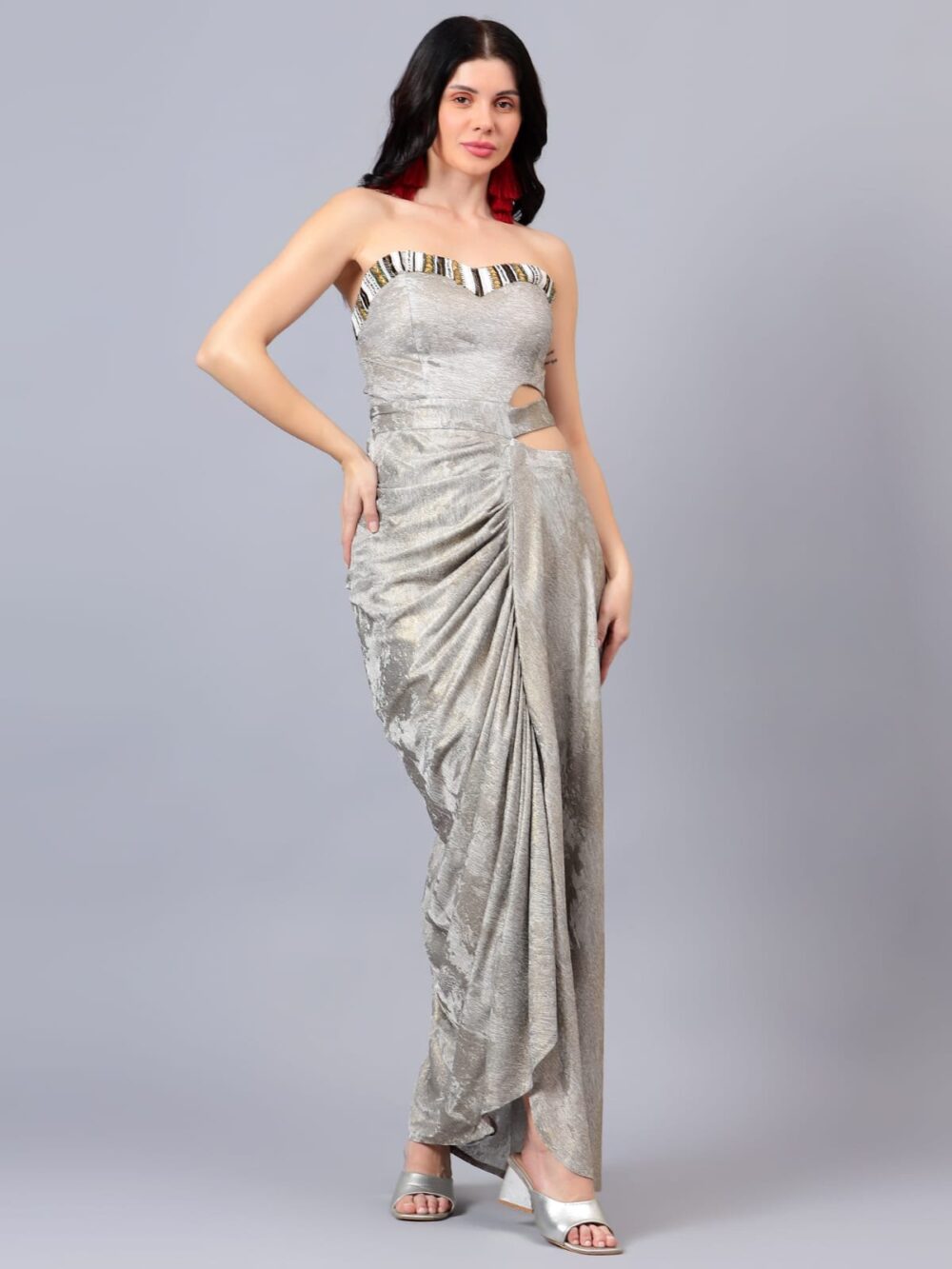 Foil Waist Cut Drape with Neck Embroidery - Image 3
