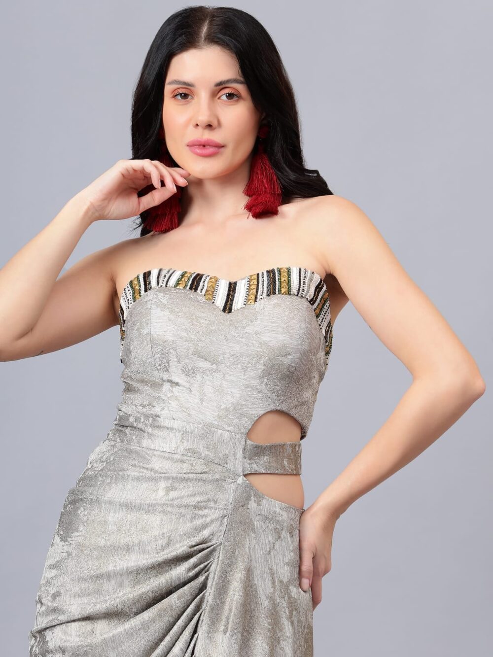 Foil Waist Cut Drape with Neck Embroidery - Image 2
