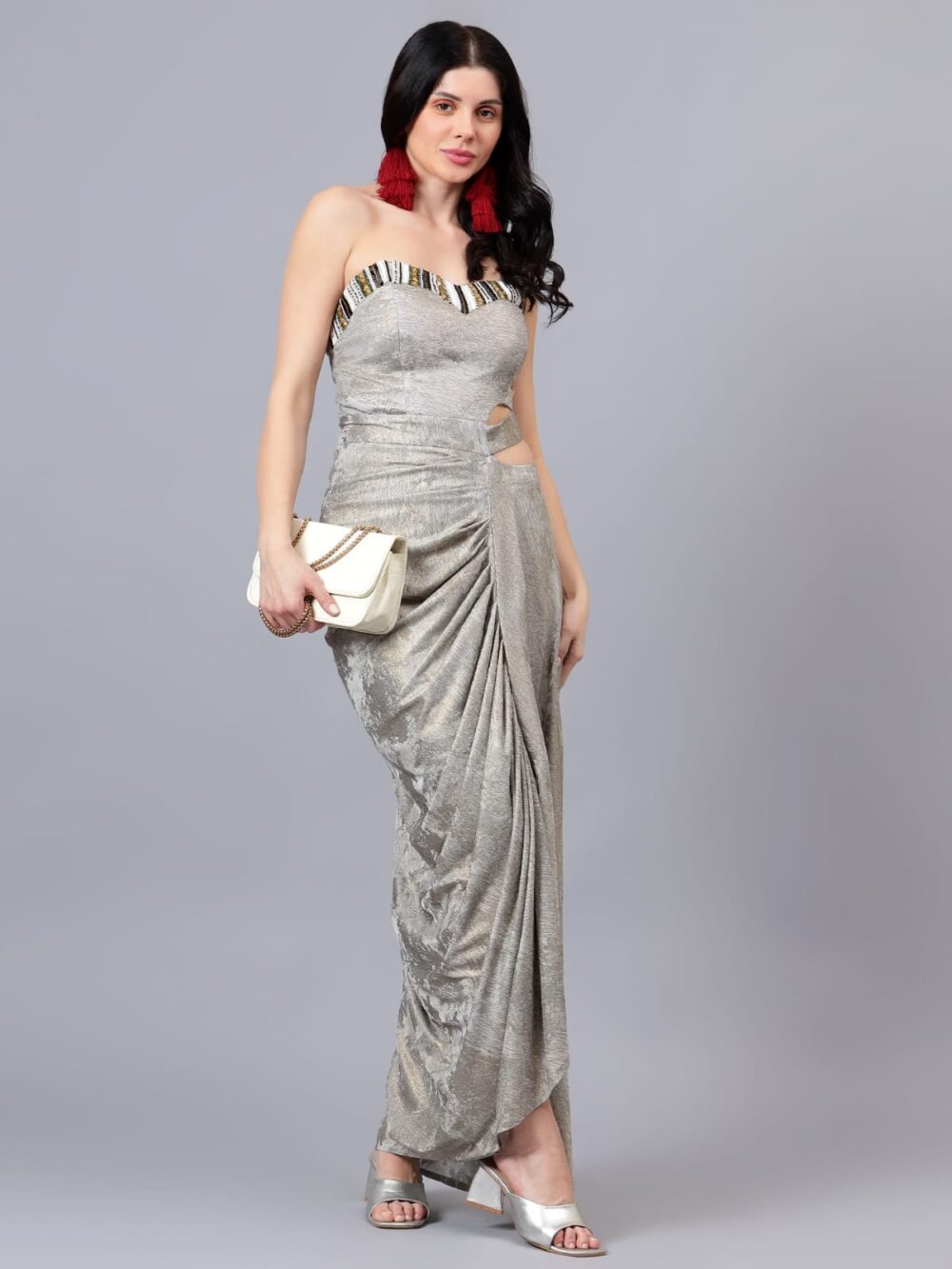 Foil Waist Cut Drape with Neck Embroidery
