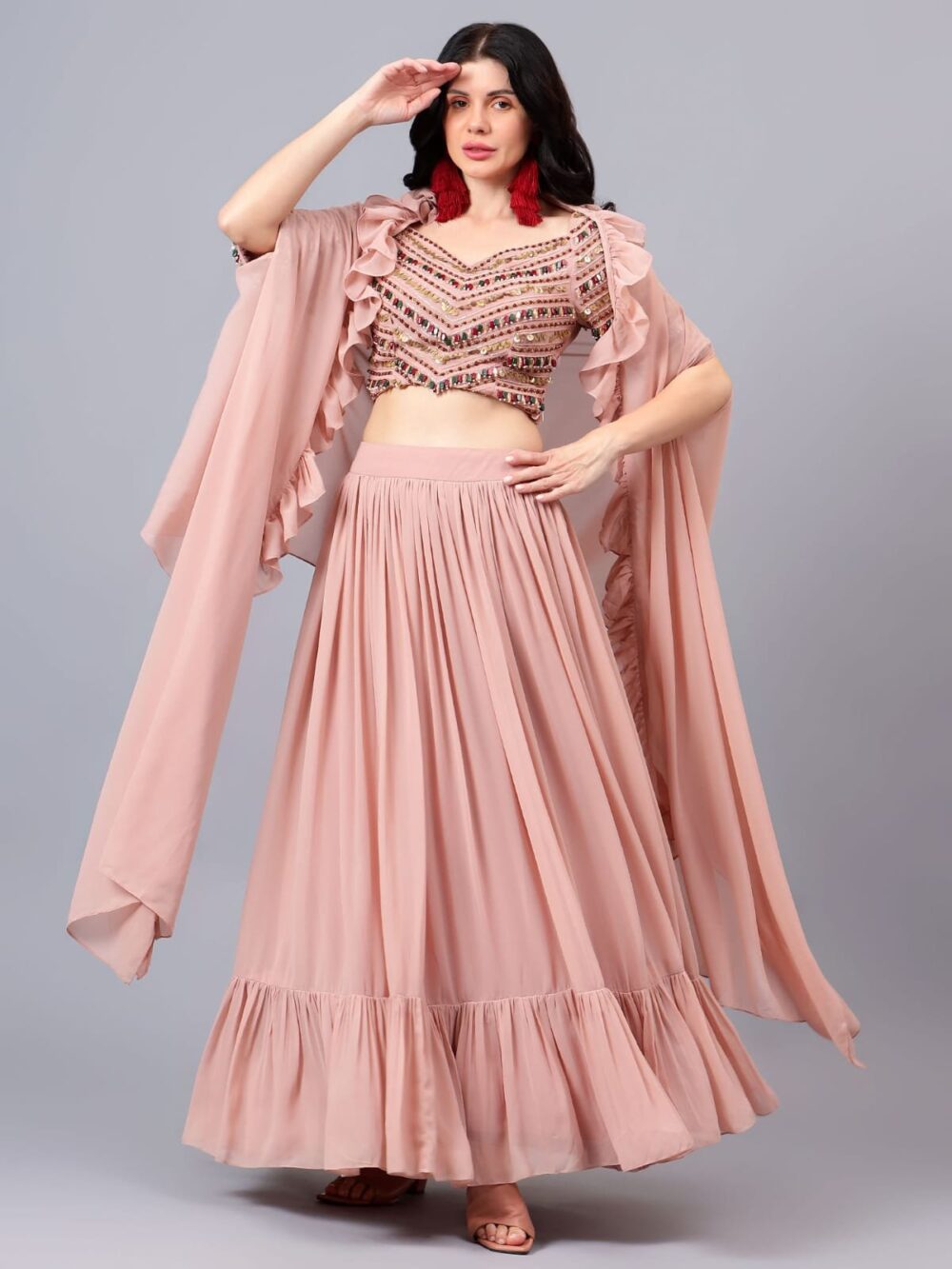 Pink Gemstone Embroidered Lehenga Set