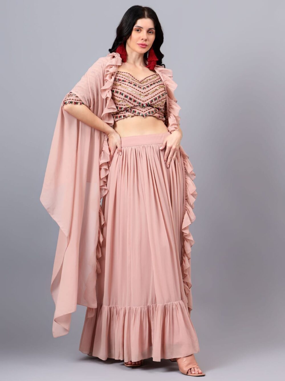Pink Gemstone Embroidered Lehenga Set - Image 5