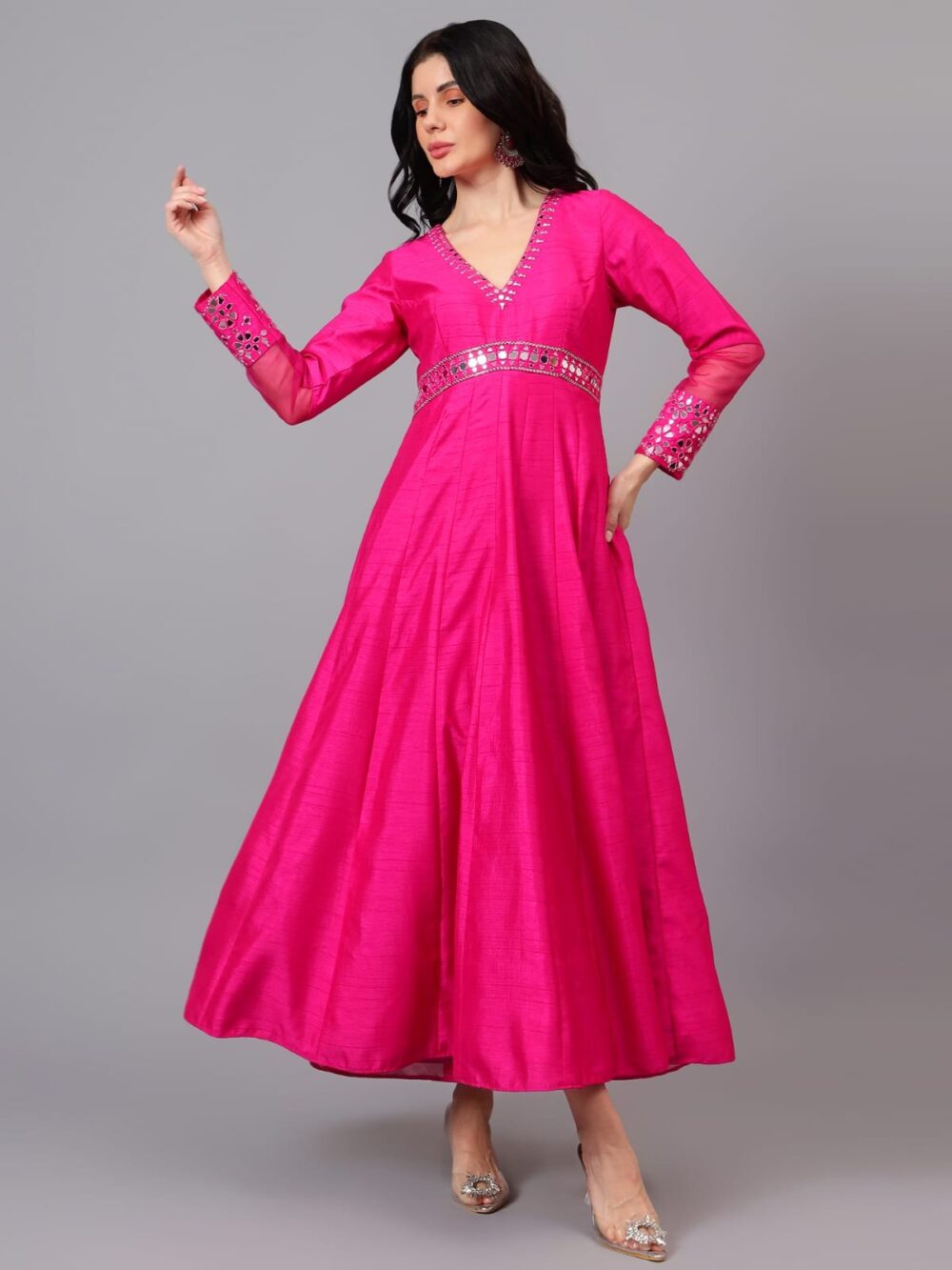 Fuschia Anarkali with Mirror Embellishments & Organza Dupatta - Image 4