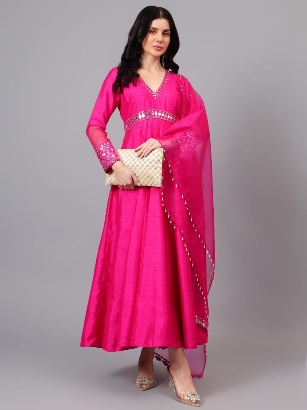 Fuschia Anarkali with Mirror Embellishments & Organza Dupatta
