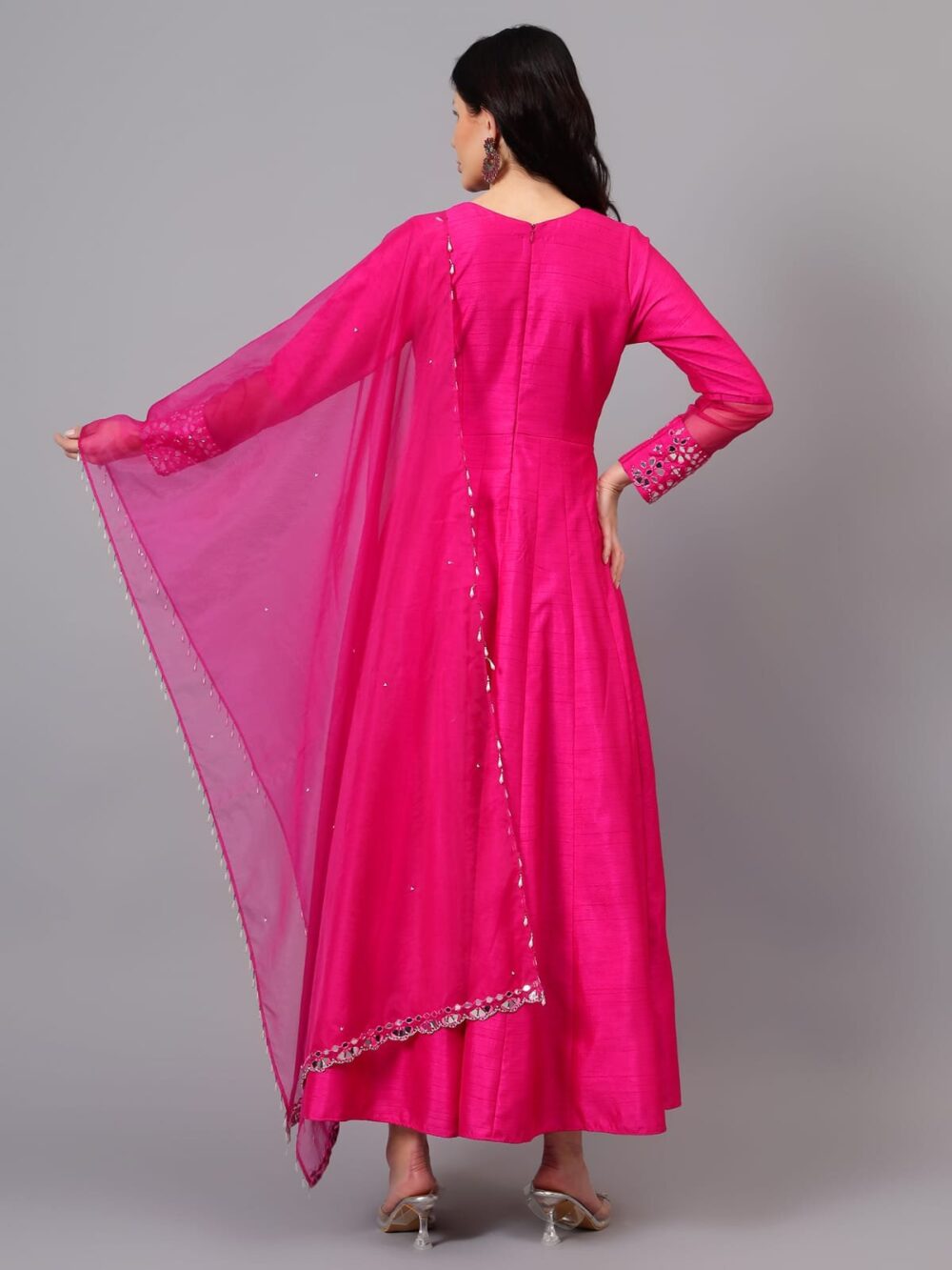 Fuschia Anarkali with Mirror Embellishments & Organza Dupatta - Image 3