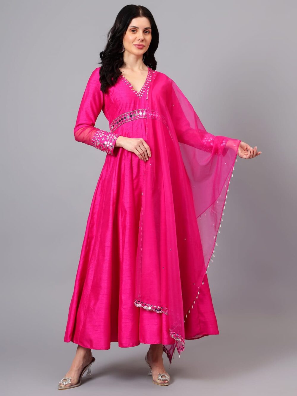 Fuschia Anarkali with Mirror Embellishments & Organza Dupatta - Image 5