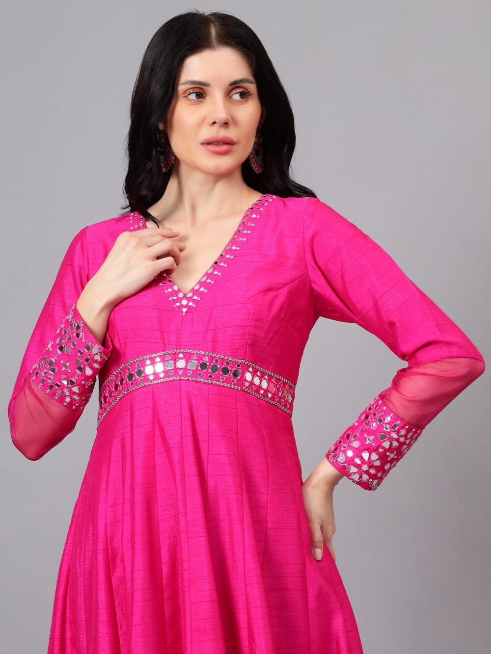 Fuschia Anarkali with Mirror Embellishments & Organza Dupatta - Image 2