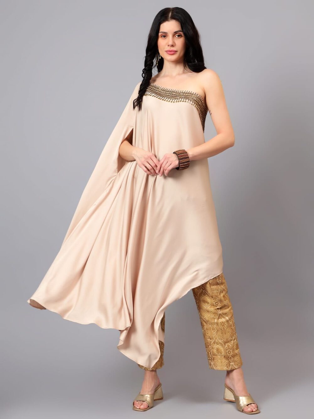 Gold Satin Cape with Brocade Pants - Image 5